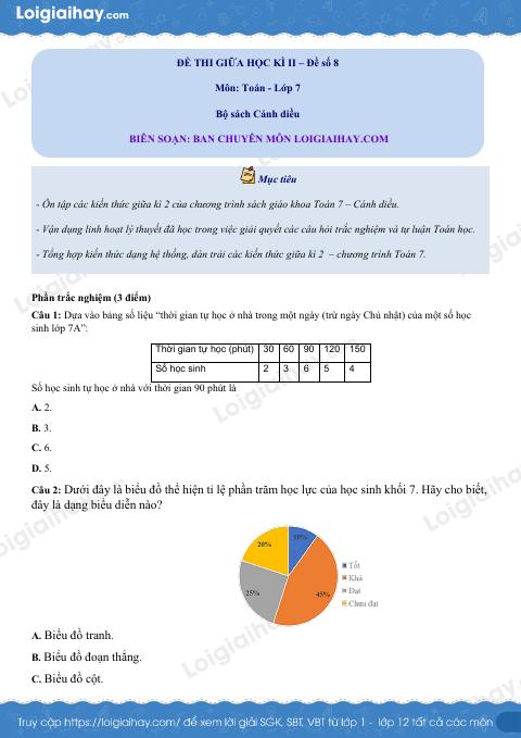 Đề thi giữa kì 2 Toán 7 Cánh diều - Đề số 8